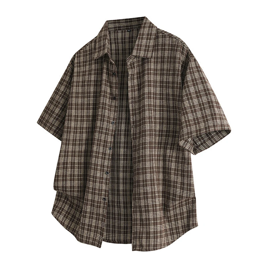 Mens Casual Plaid Shirts Streetwear Harajuku Short Sleeve Shirt for Men 2025 Summer New Oversized Vintage Fashion Blouse Male