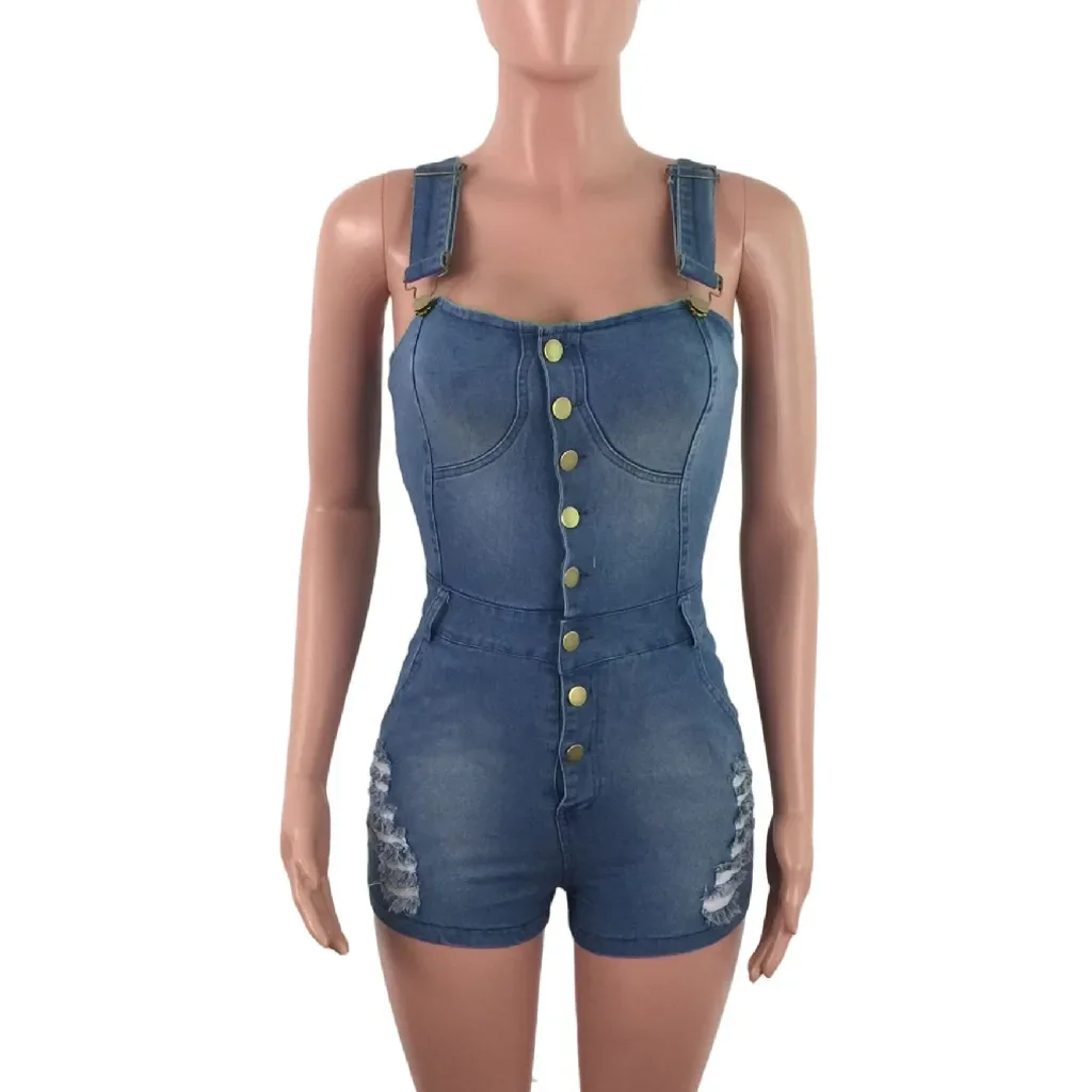 여성용 점프수트 크롭 팬츠 슬리브리스 오버올 캐주얼 스트리트웨어 데님 팬츠 여성용 홀 점프수트 여름 반바지
