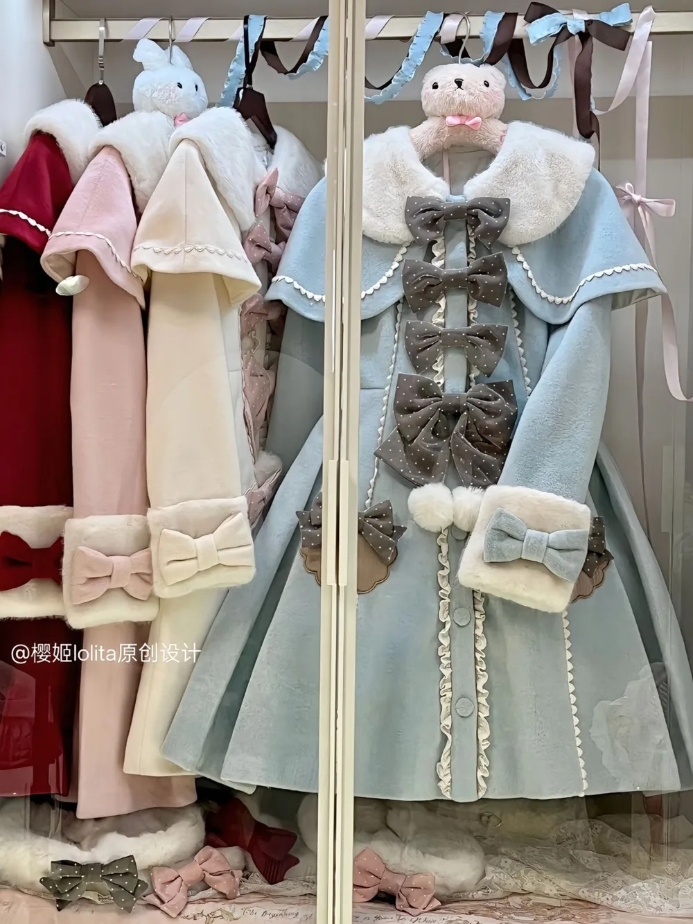 

Blue Cute Sweet Lolita Coat Bow Woolen Shawl Cape Two Piece Set