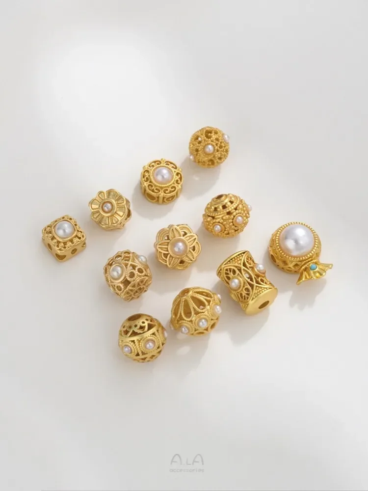 

Matte Gold Ancient Method Inlaid with Pearl Lace Hollowed Out Flower Ball Separated Bucket Beads Through-hole Beading Accessorie