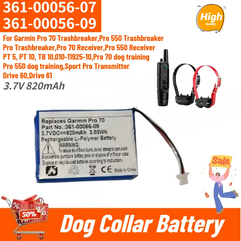 

Высококачественная батарея для ошейников для собак 3.7V 820mAh для Garmin Pro 70, Pro 550, PT 5/10, TB 10, Drive 60, Drive 61 (артикулы 361-00056-07, 361-00056-09)