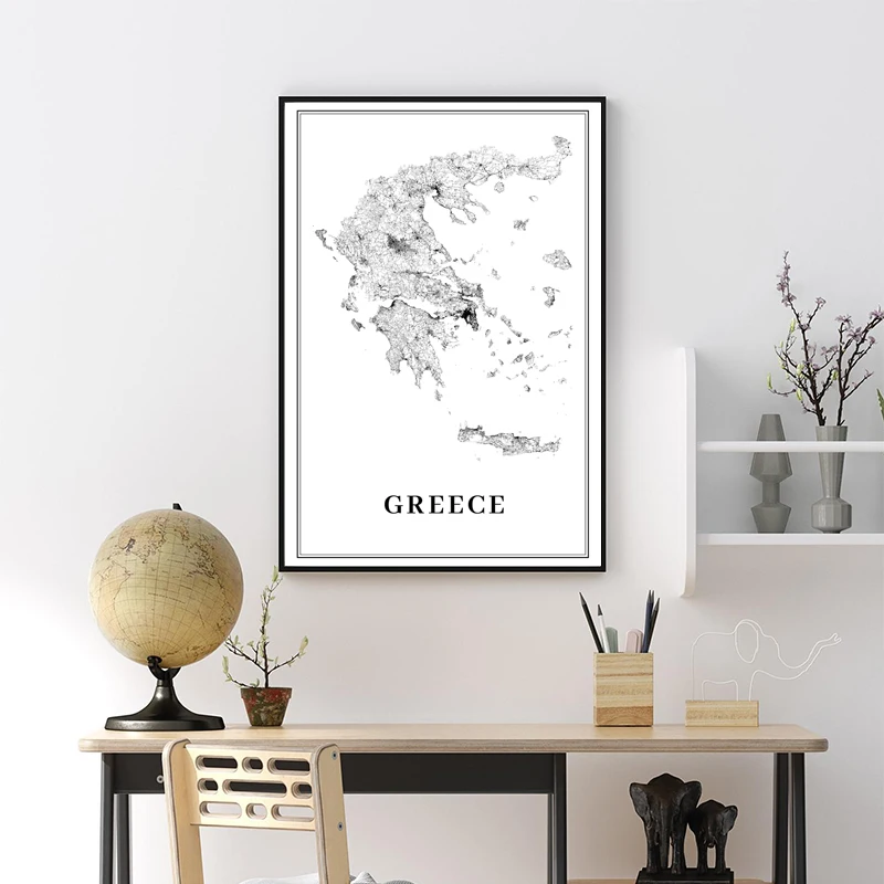 اليونان خريطة الطريق المشارك أبيض وأسود يطبع ، أثينا مدينة خريطة قماش اللوحة السفر الملصقات صور فنية للجدران مكتب ديكور #3