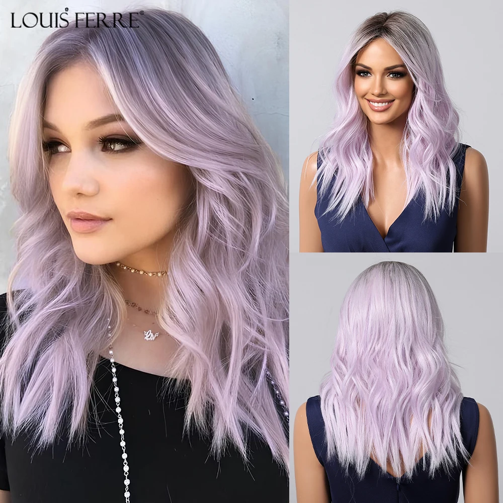 LOUIS FERRE Brown to Light Purple Ombre Synthetic Wigs for Women Short Wavy Cosplay Wigs Daily Lolita Shoulder Length Wigs Hair