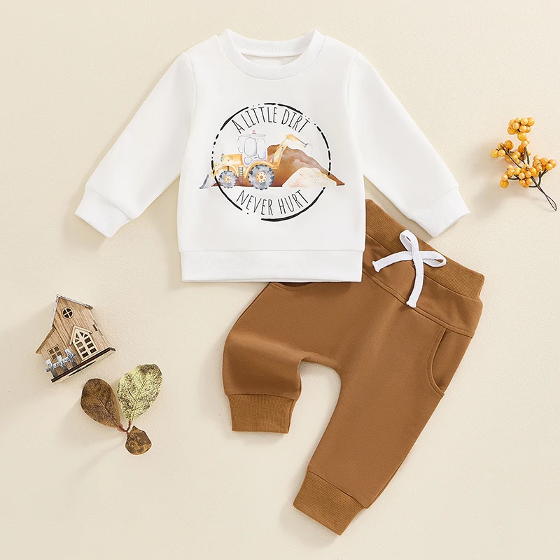 2024-05-31 Lioraitiin 0-3Y Toddler Boys Fall Outfits Letter Tractor Print Long Sleeve Sweatshirt and Long Pants 2Pcs Clothes Set