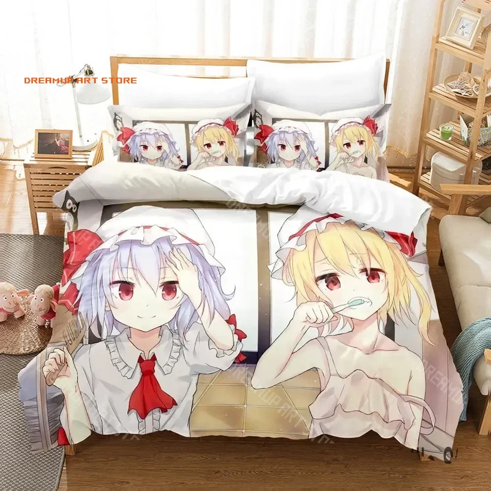 2026 Touhou Project Remilia Scarlet Anime Bedding Set Cartoon Three-piece Set Adult Kid Bedroom Duvetcover Sets 3D Devil Girls