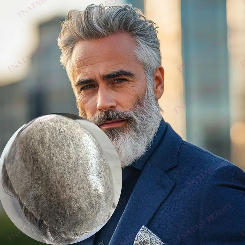 

Суперпрочный мужской парик из натуральных волос 1B50 1B40, серый, с естественной линией роста волос, 6 дюймов, легко надевается, на полной кожаной основе, система замещения волос для мужчин