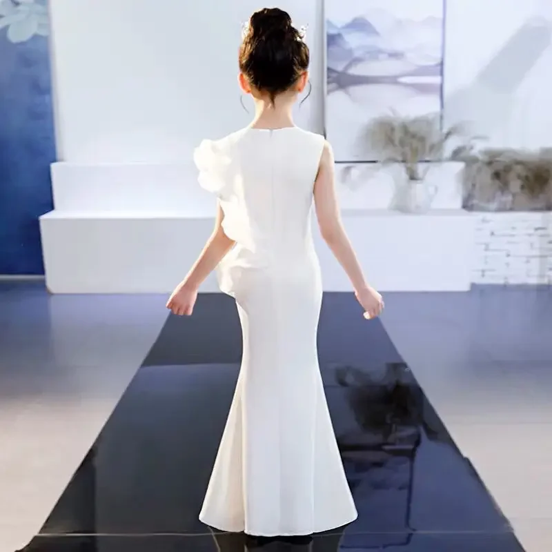 Vestido de noche blanco con volantes y abertura lateral para niños, vestidos de baile Bodycon para niñas, vestidos de fiesta de boda de sirena