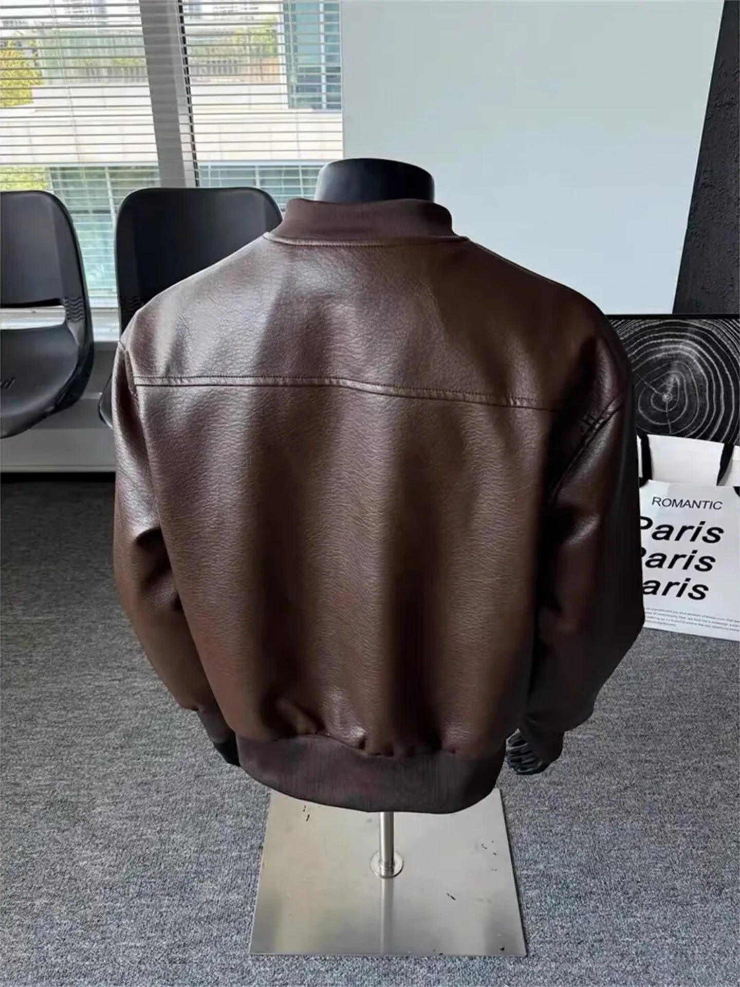 American Retro Baseball Collar Leather Jacket Men's Spring Autumn Loose Motorcycle Style Outerwear Three Dimensional Tailoring