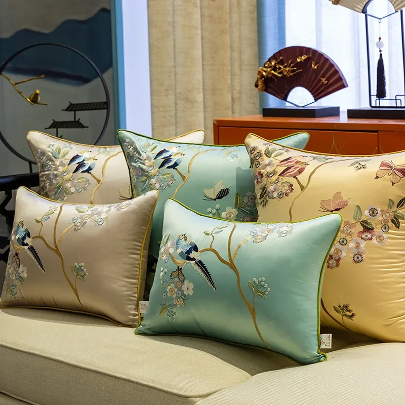 New Chinese Style Embroidered Bird Cushion Cover Living Room Sofa Waist Pillow Luxurious Classical Bed Head Silk Pillowcase