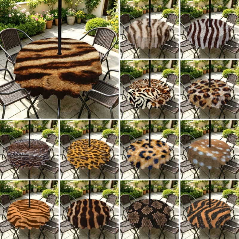 Outdoor Animal Printed Round Tablecloth with Umbrella Hole Waterproof Oilproof Draped Table Cover for Patio Garden Decoration