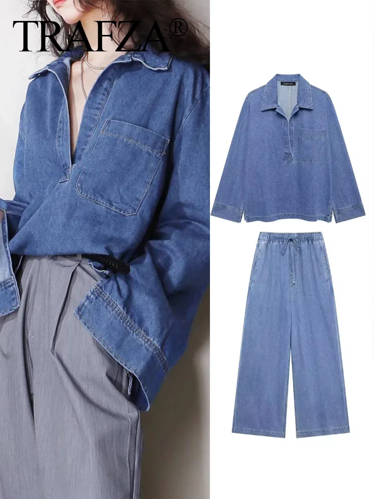 TRAFZA 2024 Autumn Women Denim Pants Suits Blue Open Collar Pullover Shirt Top + Female Sagging Baggy Pant Fashion Streetwear