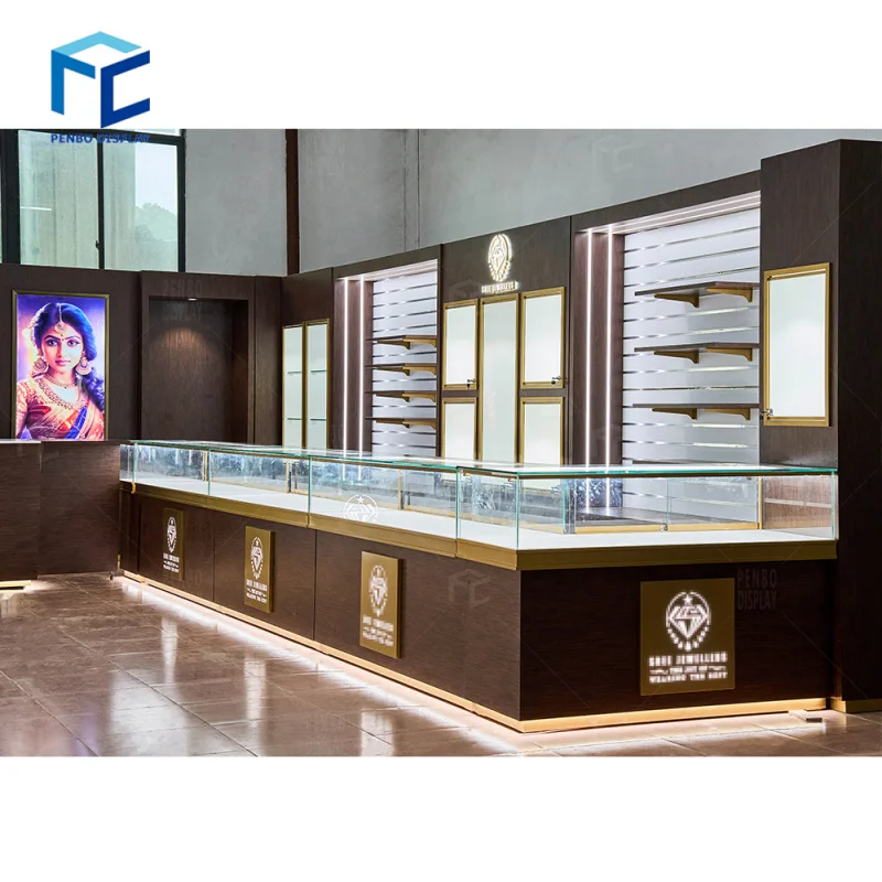 

2025customized.Penbo Modern Wood Jewelry Display Cabinet Glass Counter Jewellery Showcases Display Jewelry Shop Furniture