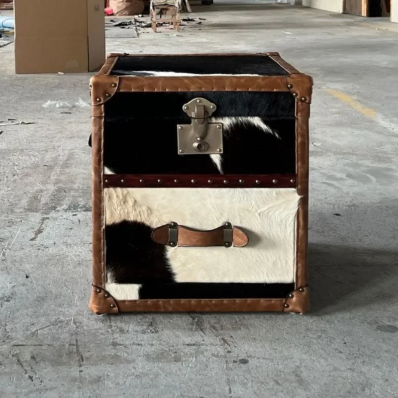 Country black and white milk cowhide edge few tables villa luxury storage box personalized bedside table