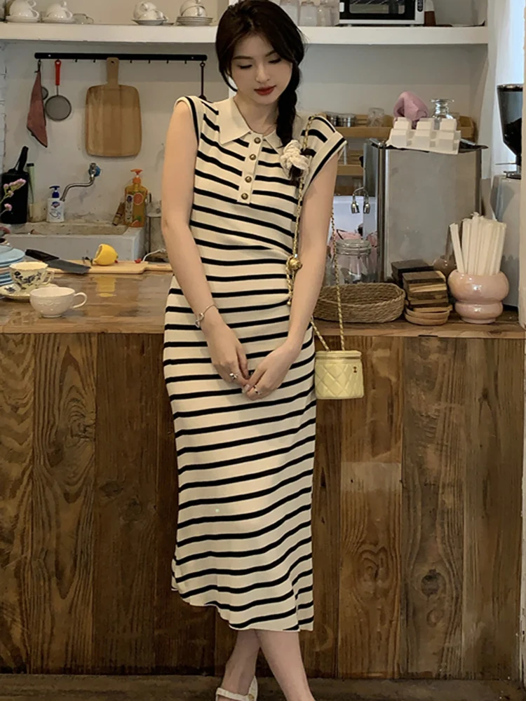 Women Stripe Knitted Dress 2024 Summer Elegant Fashion Lady Turn Down Collar Sleeveless Elastic Waist Bodycon Party Dress Female