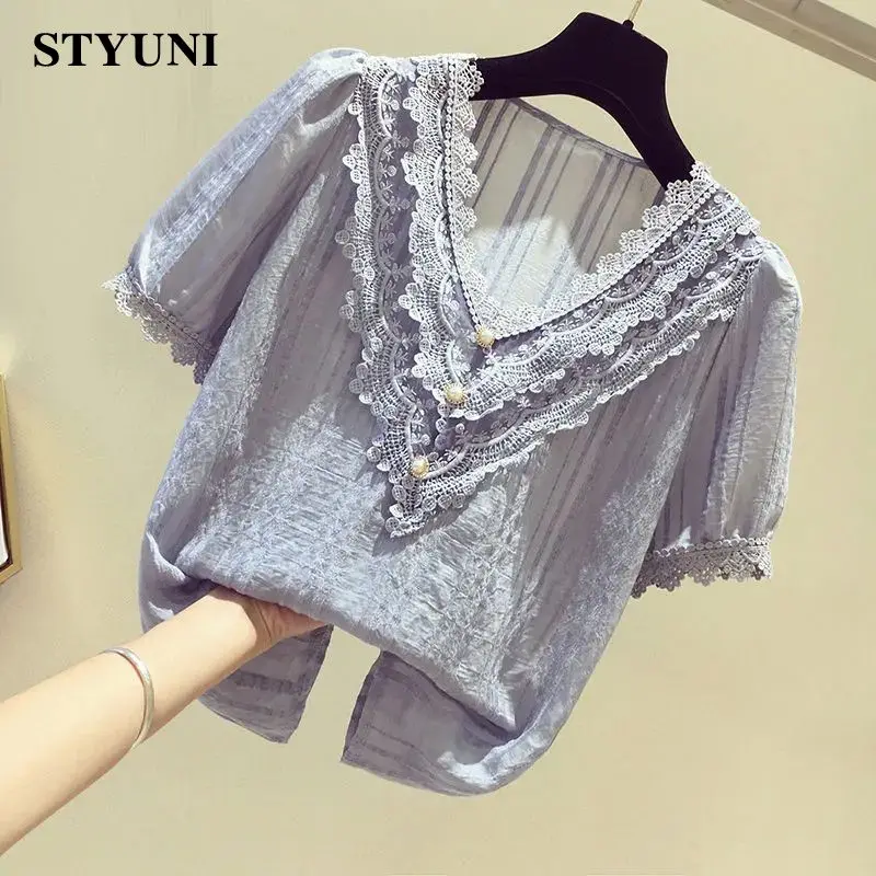 Lace Ruffles V-Neck Chiffon Solid Casual Chic Women's Blouse Shirt Korean Fashion Short Sleeve Summer 2023 Female Clothing Tops