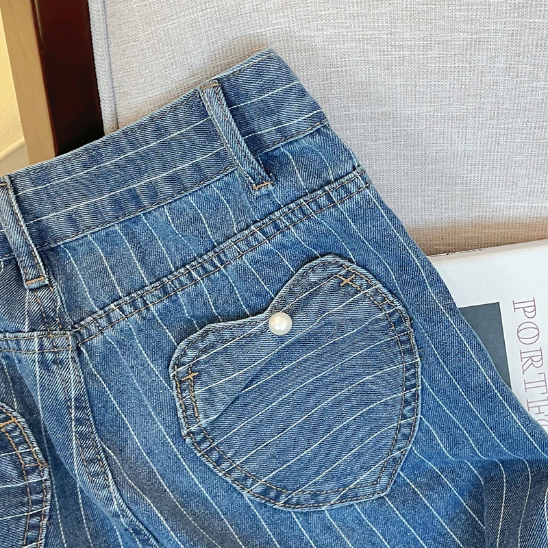 Vintage Gestreepte Jeans Vrouwen Parel Kralen Baggy Jeans Y 2K Harajuku Losse Casual Denim Broek Trendy Love Pattern Pocket Jeans Girl