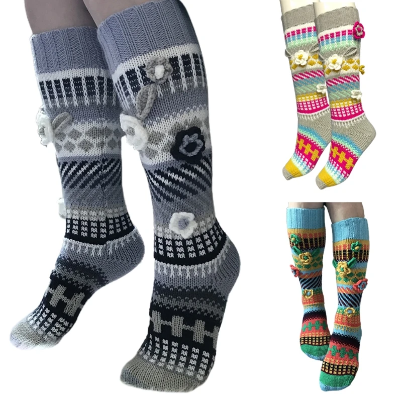 

Women Multicolor Crochet Knee High Socks 3D Knit Flower Warm Geometry Stockings