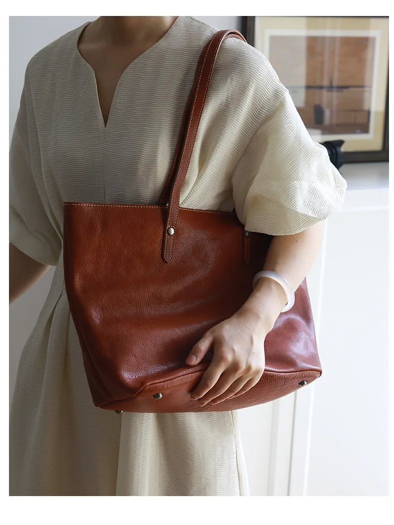 PNDME einfache, handgefertigte Vintage-Tasche aus echtem Leder, große Kapazität, Damen-Handtasche, Freizeitmode, Einkaufstasche aus Rindsleder, Schultertasche – Detail 10