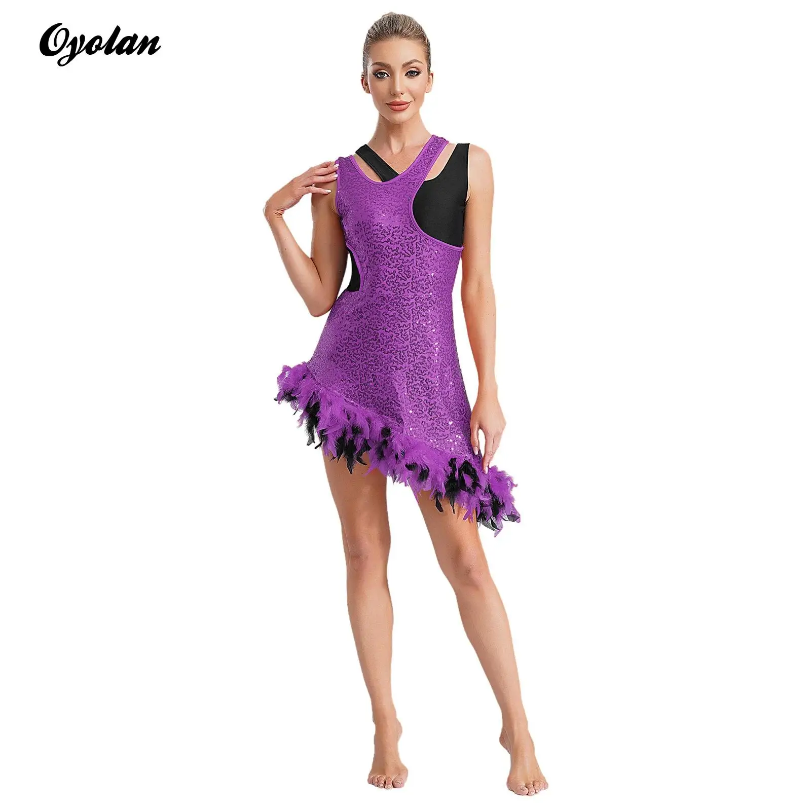 Womens Sparkling Sequin Modern Hip Hop Jazz Dance Performance Costume Sleeveless Feather Trim Hem Jazz Latin Cha Cha Dance Dress