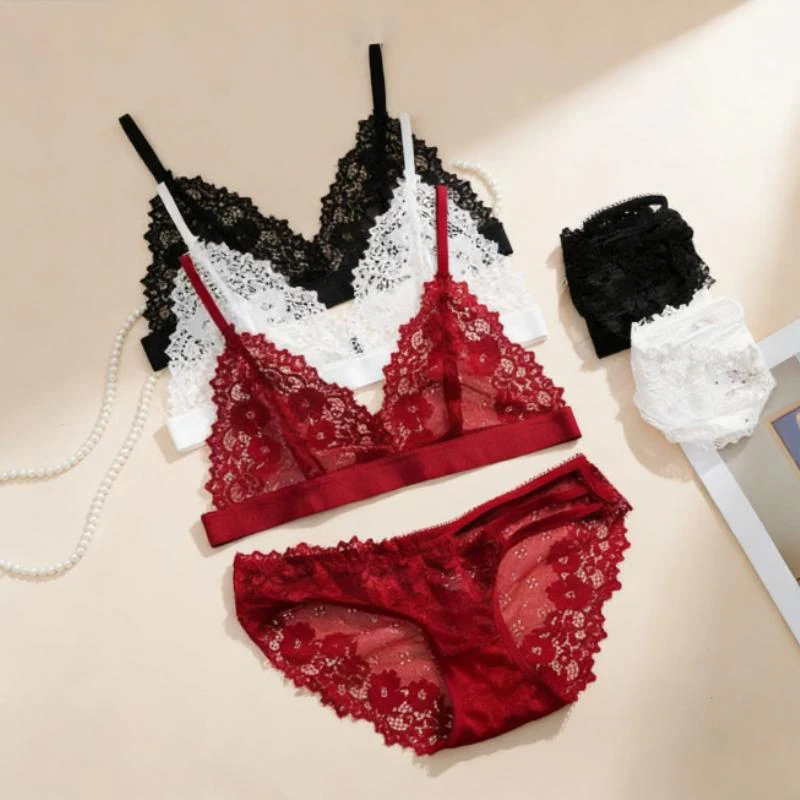 2-teiliges Damen-BH-Set mit Spitze und Blumenmuster, ultradünn, französische sexy Unterwäsche, bequem, atmungsaktiv, Triangel-BH-Set