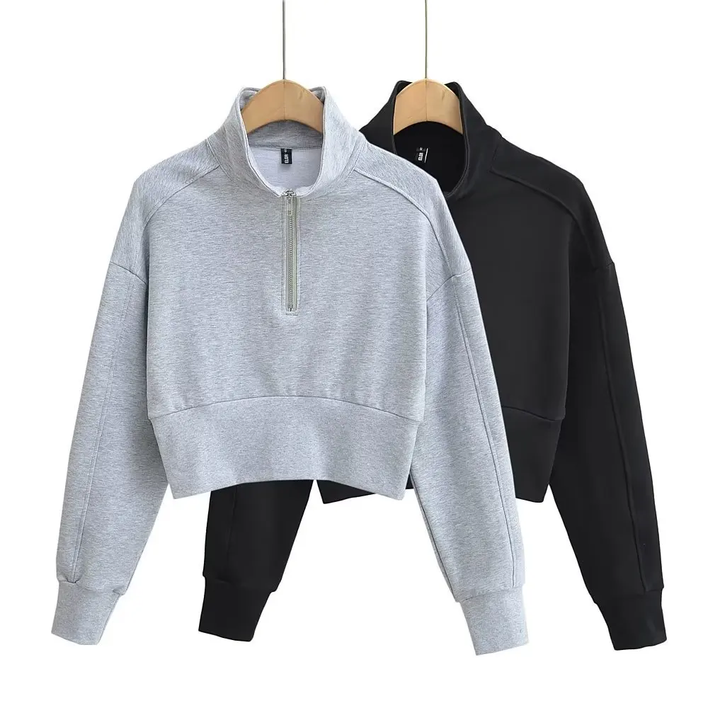 Harajuku offener Reiß verschluss umdrehen Kragen voller Ärmel kurz geschnittenes Sweatshirt Frauen Revers lose kurze lässige Pullover schwitzt