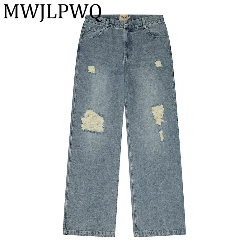 

MWJLPWQ Винтажные рваные джинсы в американском стиле, мужские свободные прямые широкие длинные брюки High Street, модные 1 новинка 2374