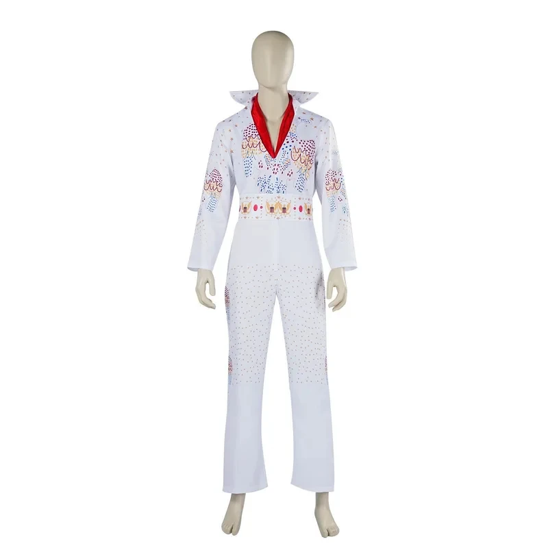 

TYV55Movie Presley Costume Adult White Printed Jumpsuit Suits Diamond Rock Singer Cosplay Halloween Stage PerformanceL]
