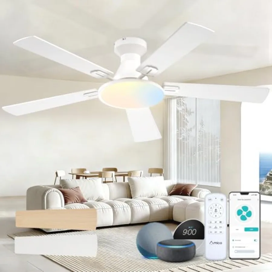 

Ceiling Fans with Lights for Bedroom and Living Room, White 52 inch Smart Flush Mount Fan with Remote/APP/Alexa Control, Revers