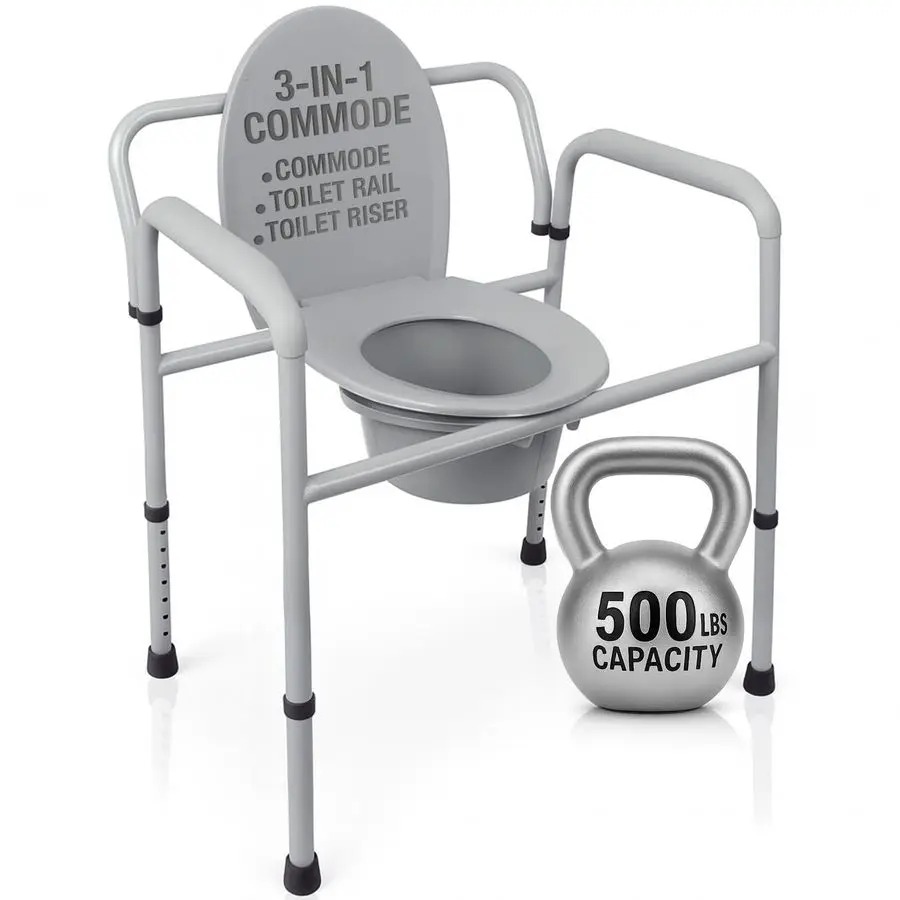 Bariatric Bedside 3in1 Commode 500 lb Capacity Portable Folding Toilet Chair Adjustable Height, Extra Wide Seat Bucket Splash Gu