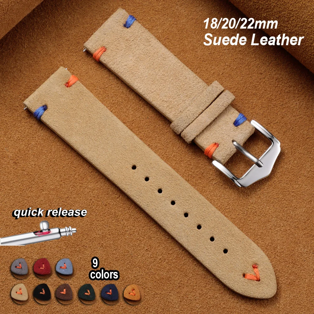 

Premium Suede Leather Watch Strap Quick Release Bracelet 18mm 20mm 22mm Vintage Stitching Suede Men Women Watch Band Accessories