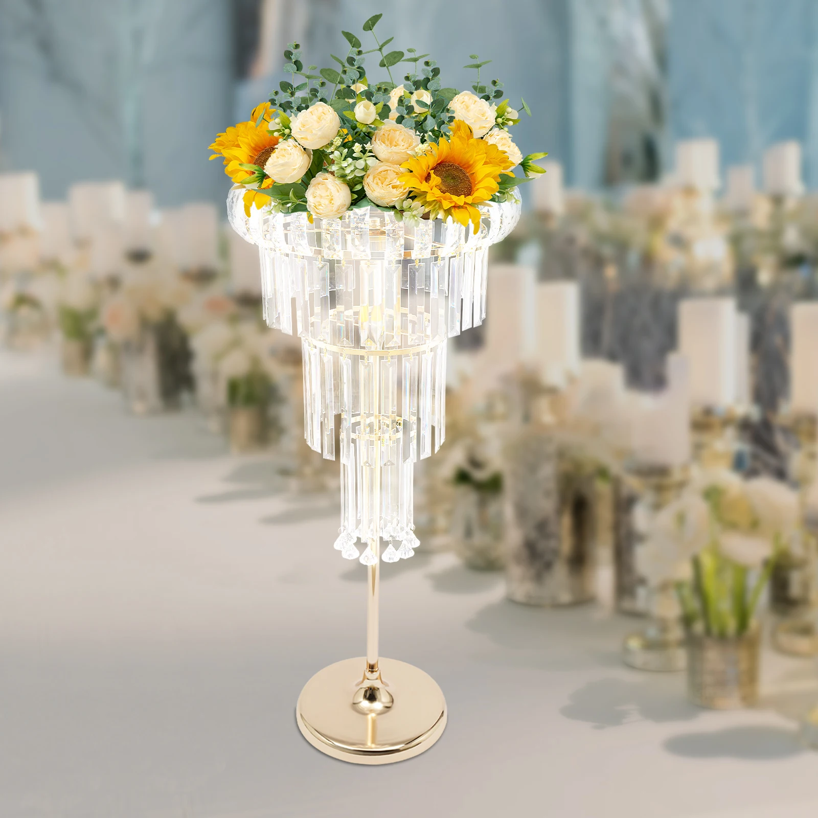 Suporte de flores de casamento acrílico de 4 camadas com luzes LED galvanizadas em ouro com capacidade de carga de 5 kg para decoração de casamento
