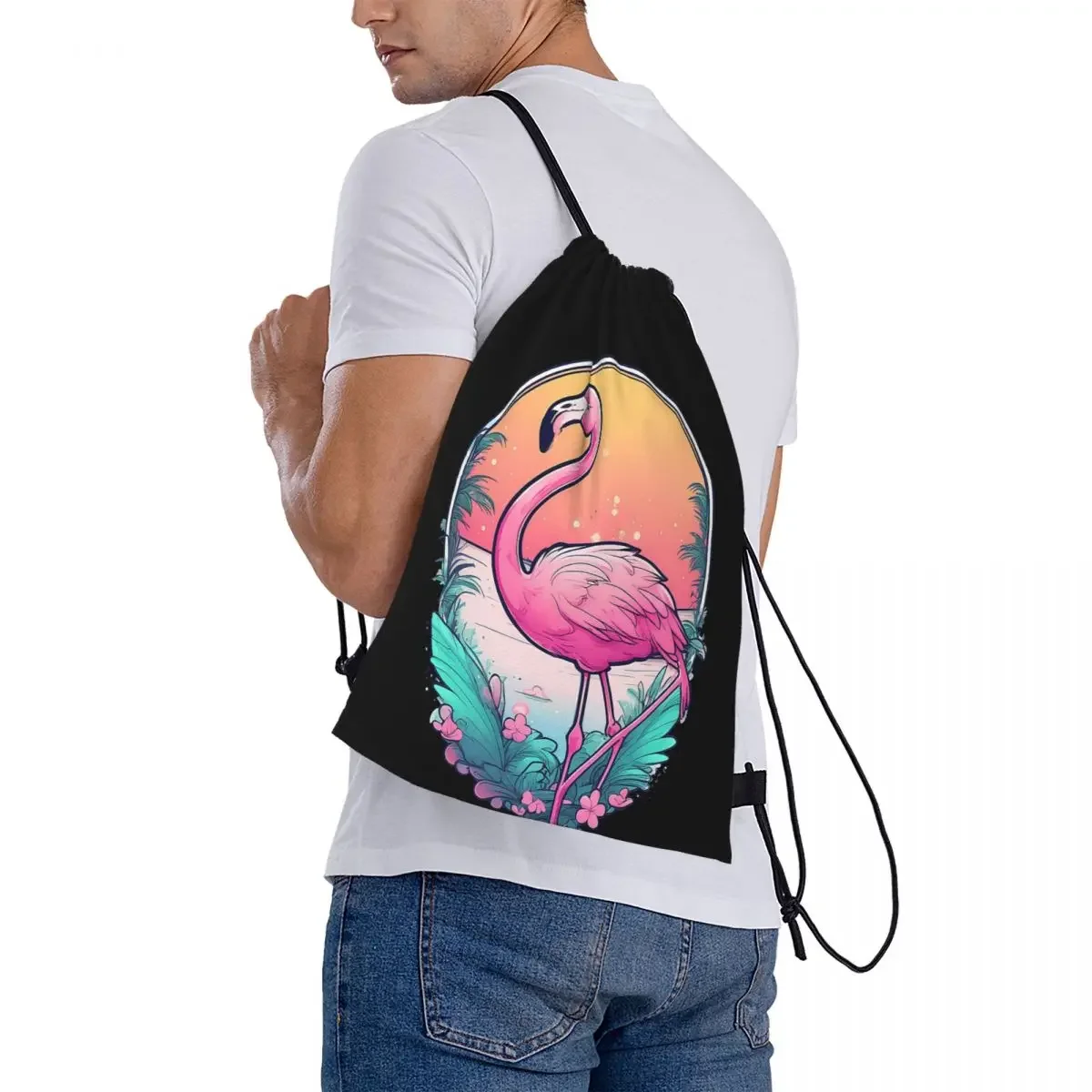 Mochilas con pintura de acuarela de flamenco elegante, bolsas con cordón, paquete de bolsillo, bolsa deportiva, bolsa de libros para hombre y mujer, escuela