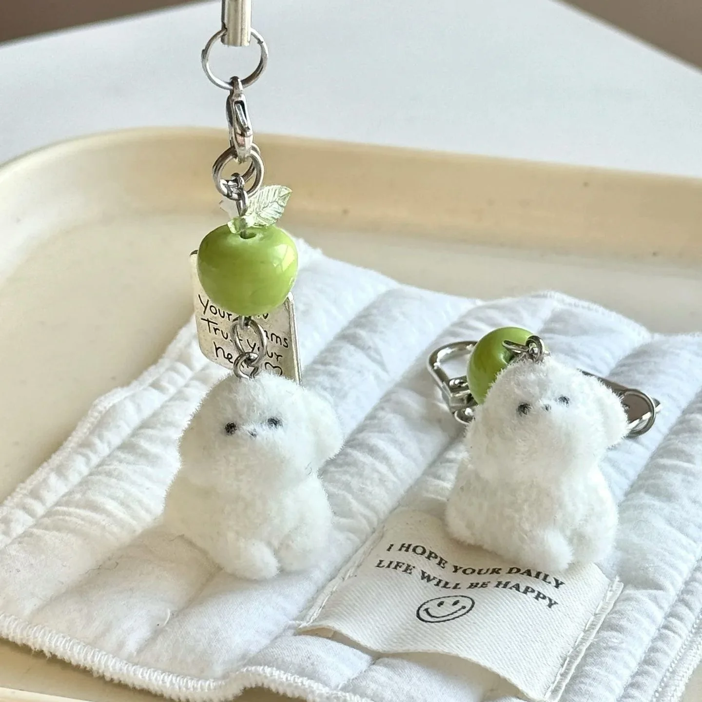 Apple And Flocked Dog Chain White Green Accessory Keychain Funny Cute Kawaii Bag Camera Pendant Fanshionable Versatile Simple