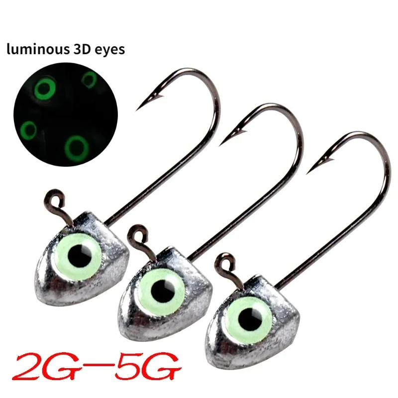 5pcs Luminous 3D Eye Jig Head Fishing Hooks 2g 2.5g 3.5g 5g Jig Head Ice Bass Carp Fishing Jig Soft Lure Bass Fishing