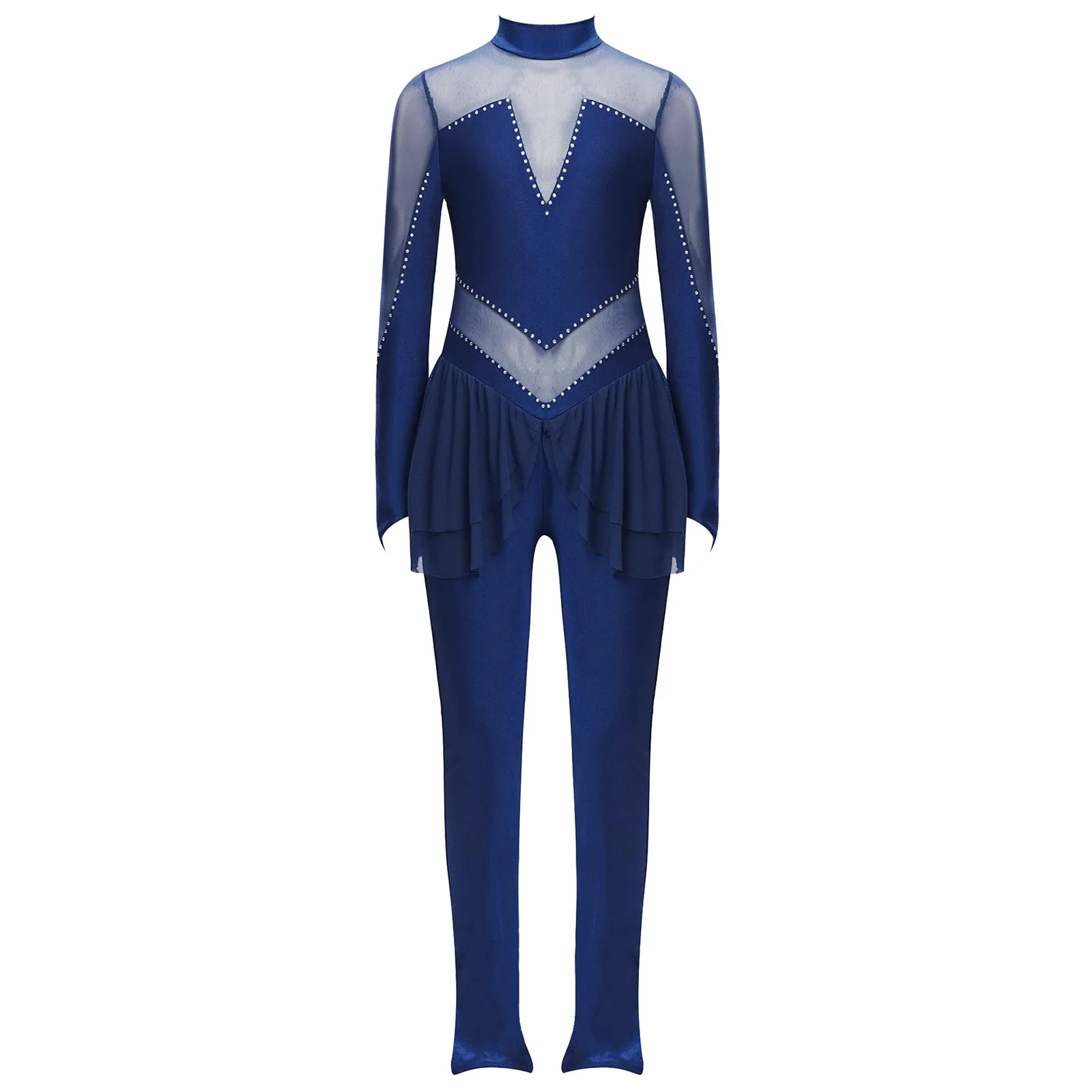 Kinder Mädchen Eiskunstlauf Performance Overall Mock Neck Langarm Sheer Mesh Patchwork Glänzende Strass Body Dancewear