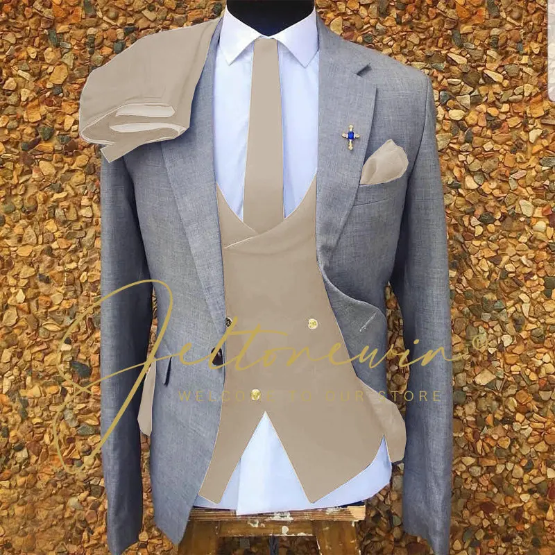 

Fashion Men's Suit 3 Pieces Light Grey Blazer Beige Vest Pants One Button Business Work Wear Wedding Groom Costume Homme