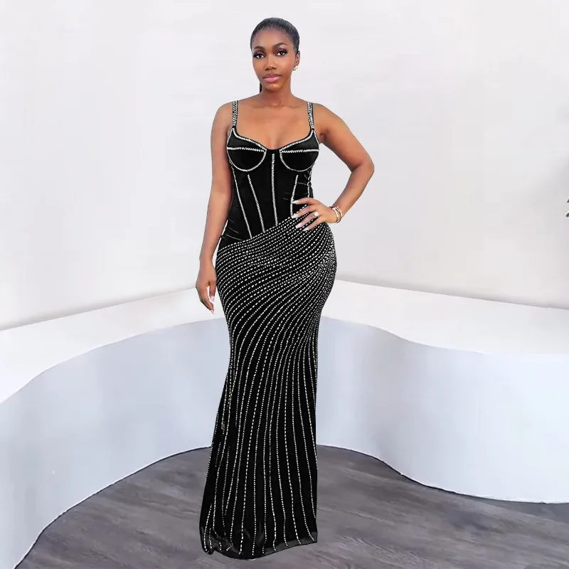 

KEXU Women Spaghetti Strap Velvet Diamonds Hot Rhinestones Bodycon Maxi Long Dress 2025 Birthday Vacation Sexy Party Dresses