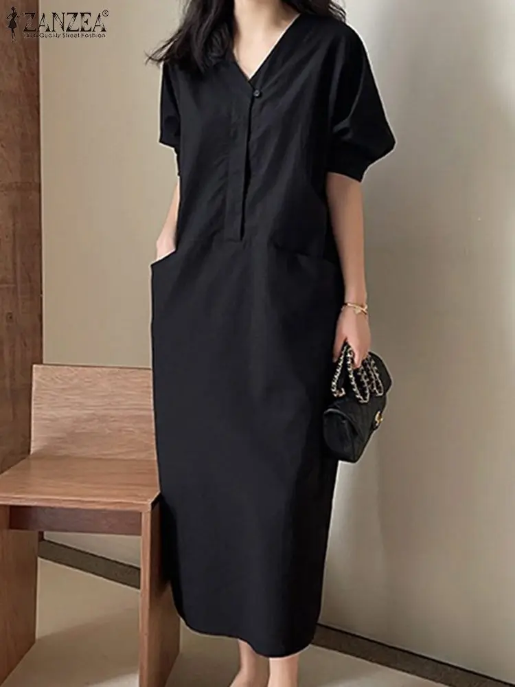 ZANZEA 2024 Summer Korean Cargo Pockets Dress Vintage Khaki Long Robes Women Casual Office V-neck Dress Harajuku Loose Vestidos