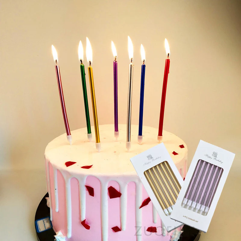 6 Pcs Long Thin Cake Candles Metallic Birthday Candles Long Thin Candles In Holders for Birthday Wedding Party Cake Decorations