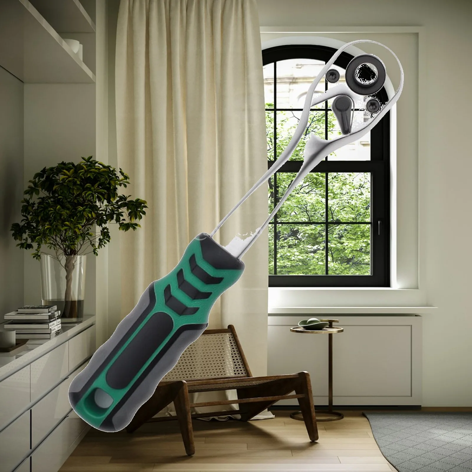 Versatile Ratchet Wrench with One Piece Seamless Head and Push Button Release for Fastening and Loosening in Confined Areas