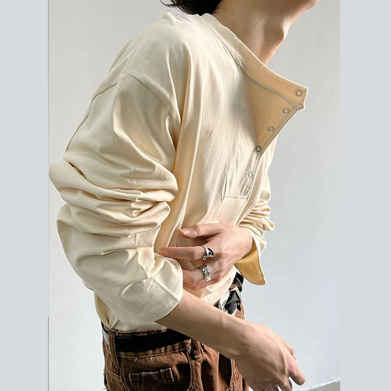 Fall Winter Collapsible O Neck Button Men Long Sleeve Sweatshirt Fashion All-match Casual Loose T Shirt Black White Khaki Unisex