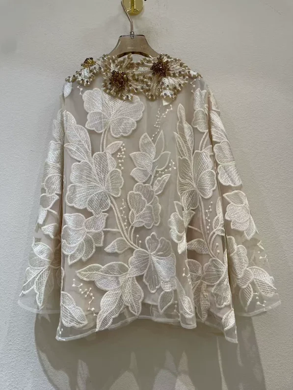 Luxury 100% Mulberry Silk Blouse Women Ivory White Heavy Lace Bow Collar Shirt Long Sleeve Elegant Office Top - view 5