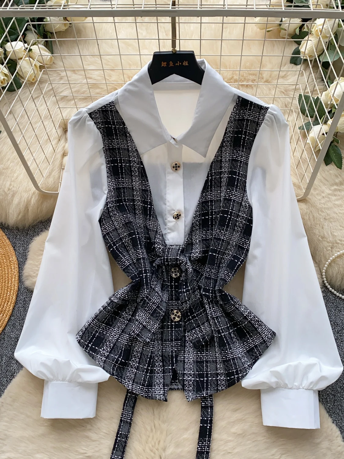 Commuting Style Plaid Patchwork Faux Two-piece Long Sleeve Women's Shirt Tie Waist Design Versatile Top Autumn Wear