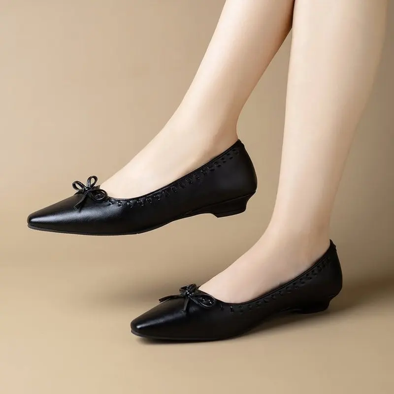 Women Vintage Slip On Flat Pumps Pointed Toe Bow Embellished PU Leather Dress Shoes For Spring Office Daily Wear