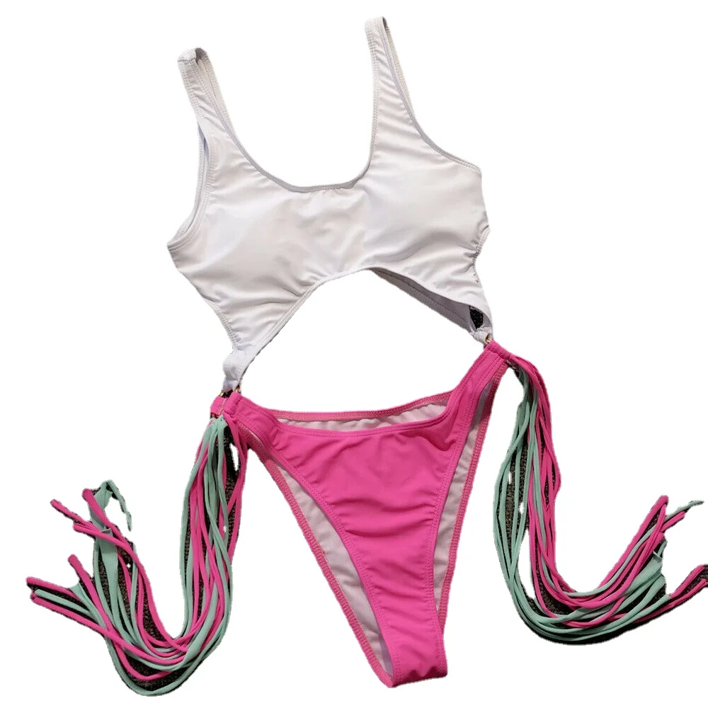 Tassel White/Pink Monokini Swimwear Swimsuit Beachwear Bathing Suit Nylon