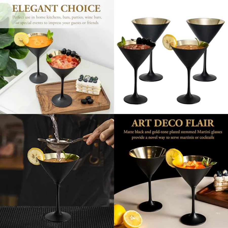 

8 oz Modern Matte Black and Metallic Gold Tone Plated Martini Glasses, Drinking Glass for a Cocktail Party, Wedding, or Anniver