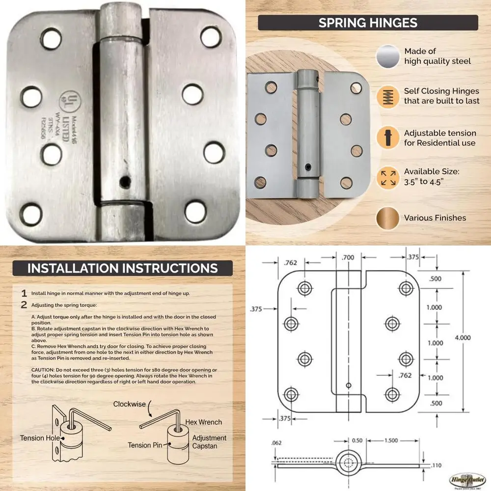 

Adjustable Spring Hinges 4 Inch, 5/8 Inch Radius, Satin Nickel, Self-Closing Door Hinges, 6 Pack, Door Closing Hardware
