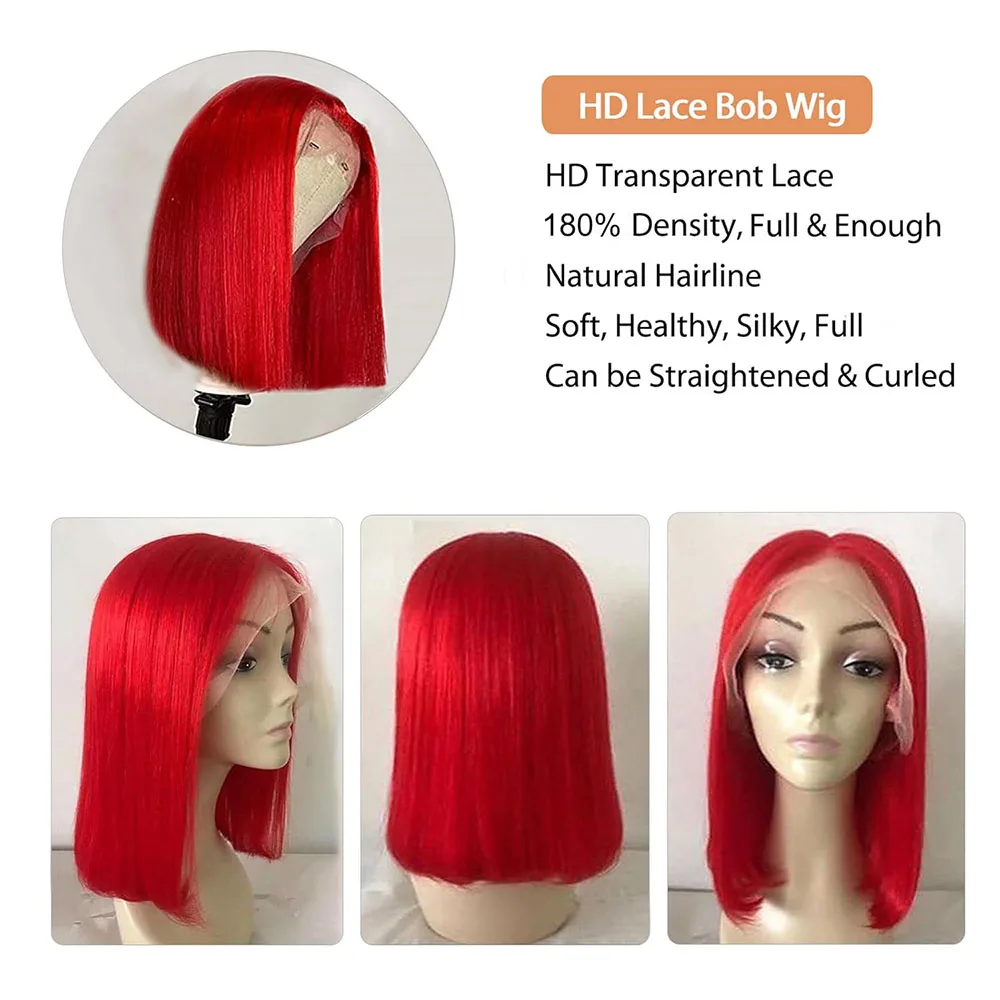 13X4 قصيرة بوب شعر مستعار أحمر اللون العظام مستقيم بوب شعر مستعار شفاف الدانتيل شعر مستعار أمامي 100% باروكة من شعر طبيعي 180 الكثافة للنساء