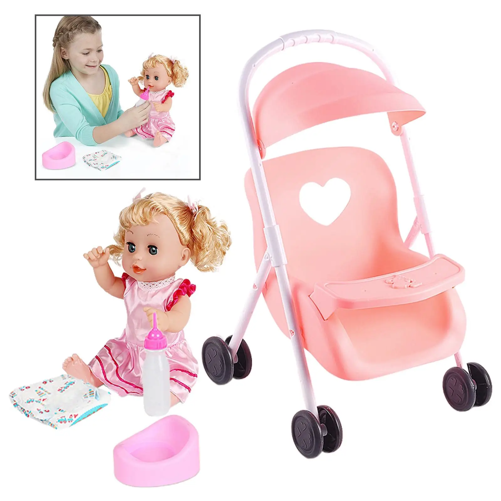 Dolls Baby Girl Doll with Mini Stroller Carriages for Children Toys Pink