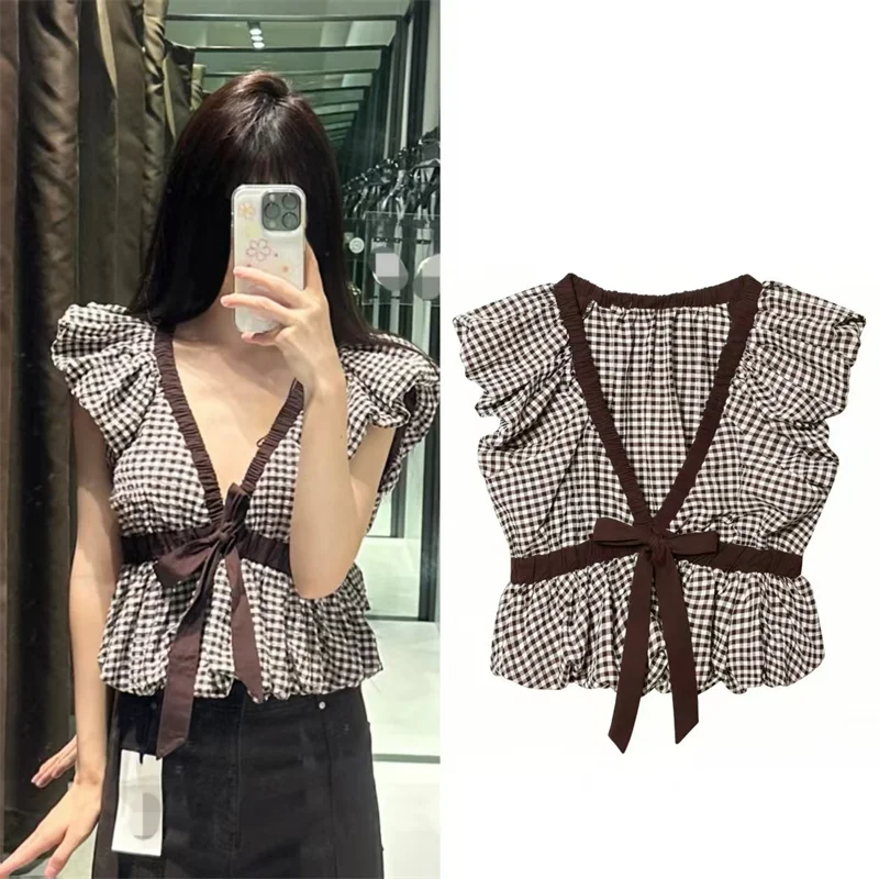 Women's Top 2026 Spring New Style Reddish-Brown Plaid Balloon Sleeve V-Neck Bow Decorated Waist-Fitted Top Casual Fashion